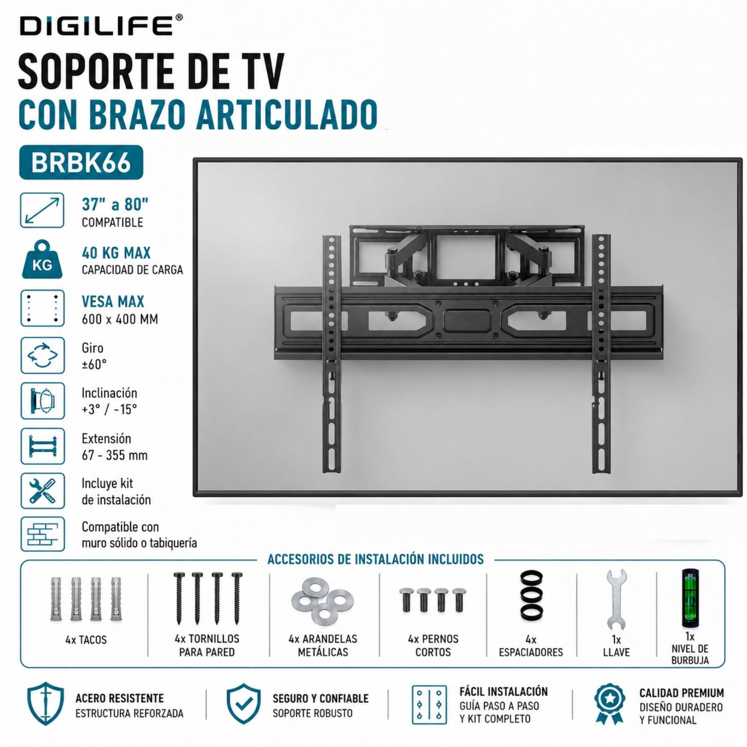 Soporte De Tv Deluxe Con Brazo Acerado Reforzado 32" A 80" image number 7.0