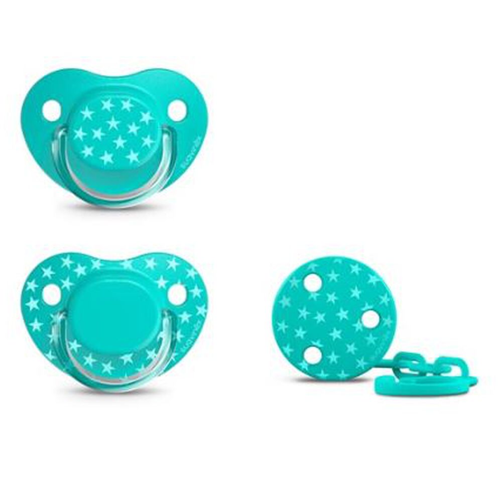 Pack 2 Chupetes Tetina Fisisologica 6/18m+ Broche The Basics Verde image number 0.0