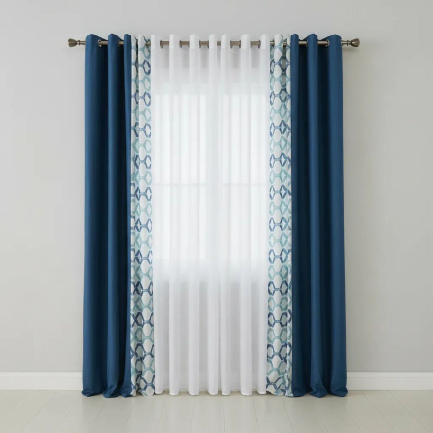 Set De Cortinas Lino Combinadas Azul + Visillos 4 Pa&ntilde;os image number 2.0