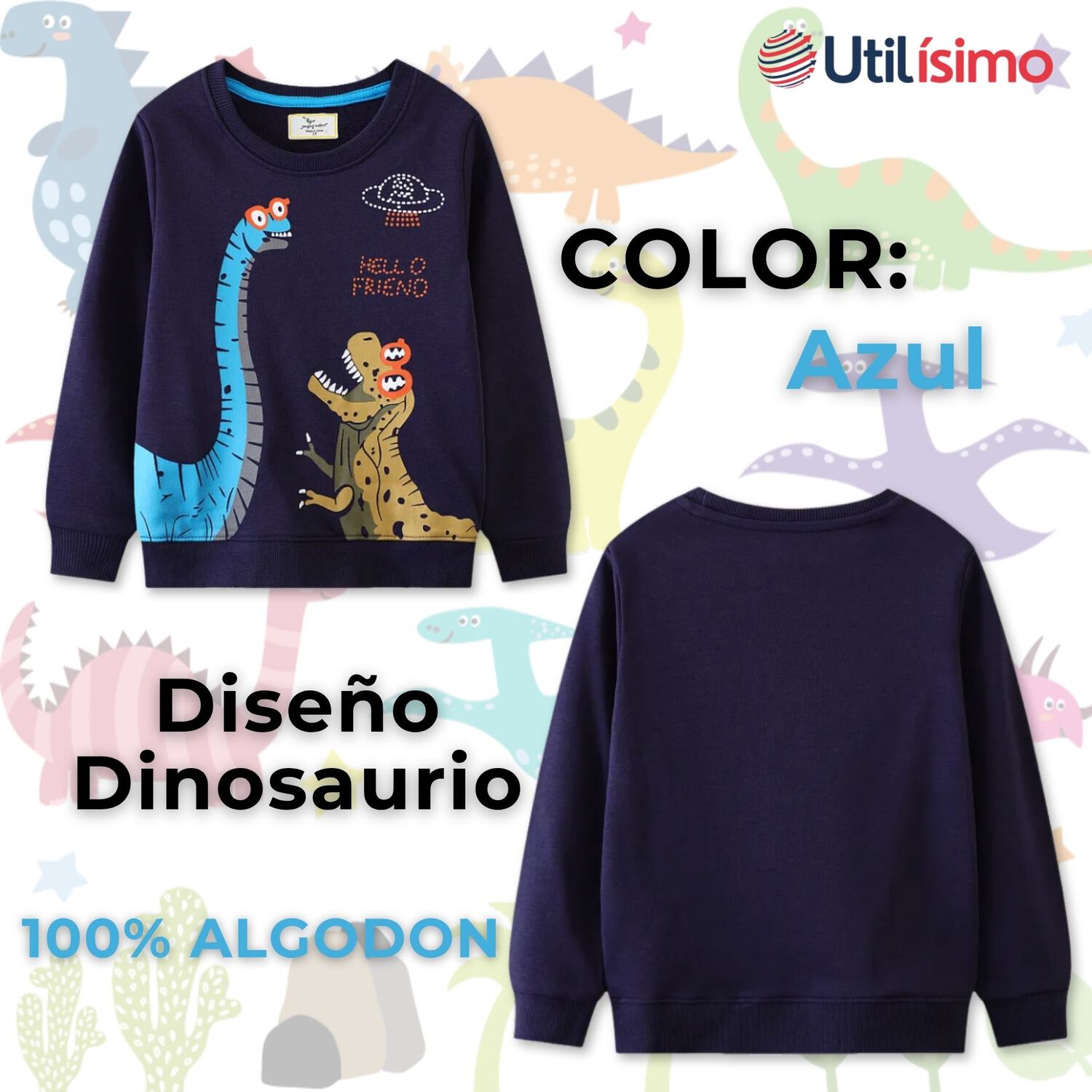 Poler&oacute;n Ni&ntilde;o Manga Larga 100% Algod&oacute;n Azul Dinosaurios image number 1.0