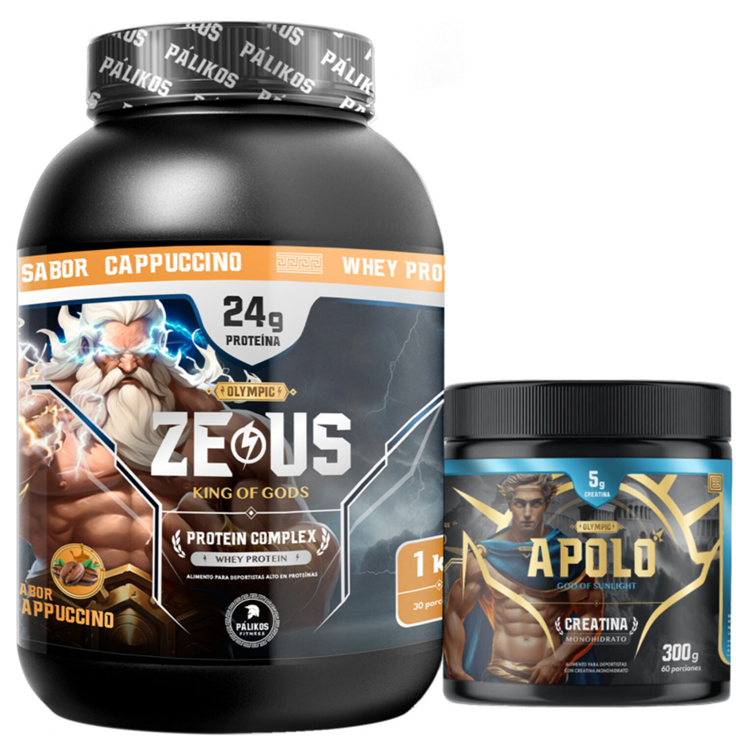 Pack Warrior / Proteina Zeus Complex 1kg Cappuccino + Creatina Apolo 300g image number 0.0