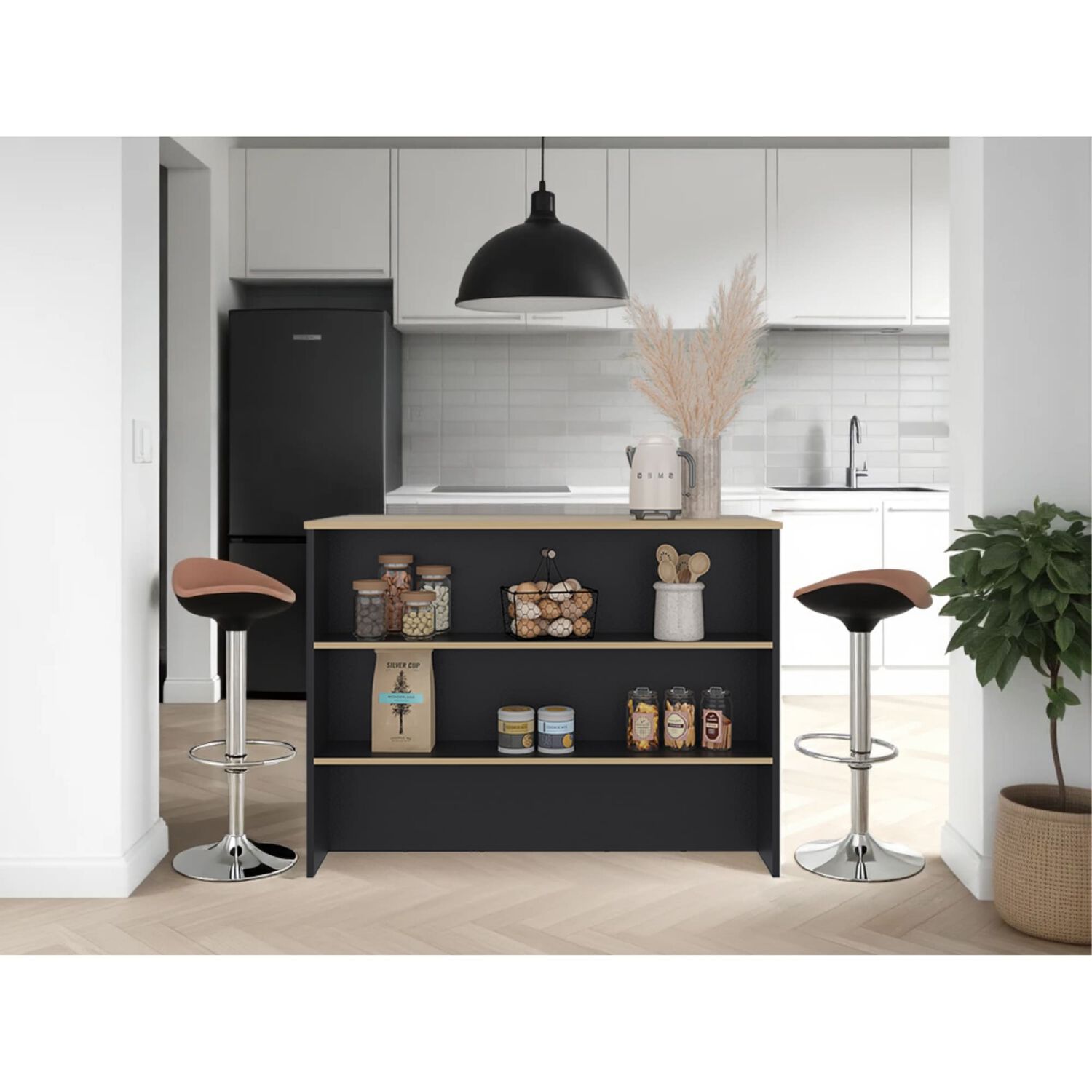 Isla De Cocina Auxiliar 90x120x60 Cm Negro Y Caf&eacute; Claro image number 5.0