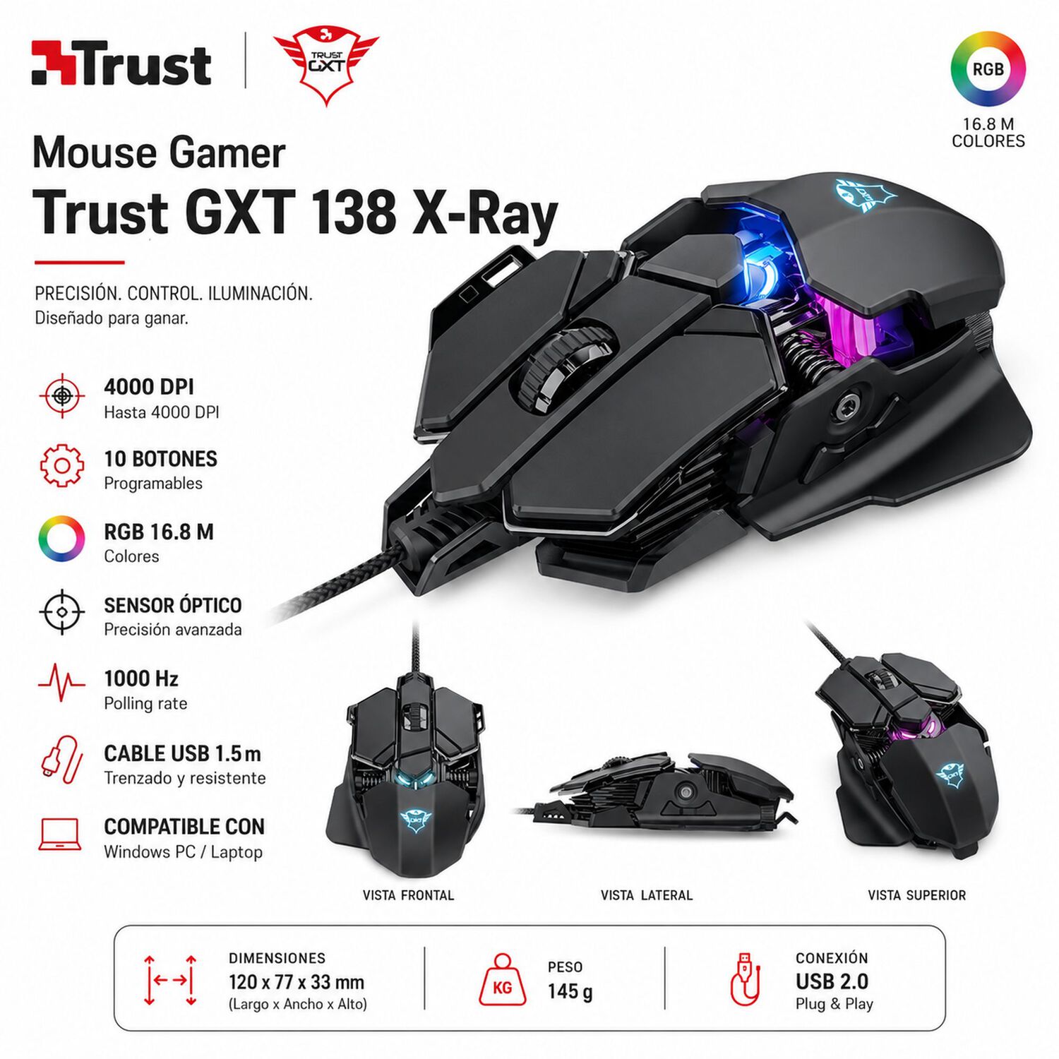 Mouse Gamer Trust Gxt 138 X-ray Full Rgb 10 Botones image number 5.0