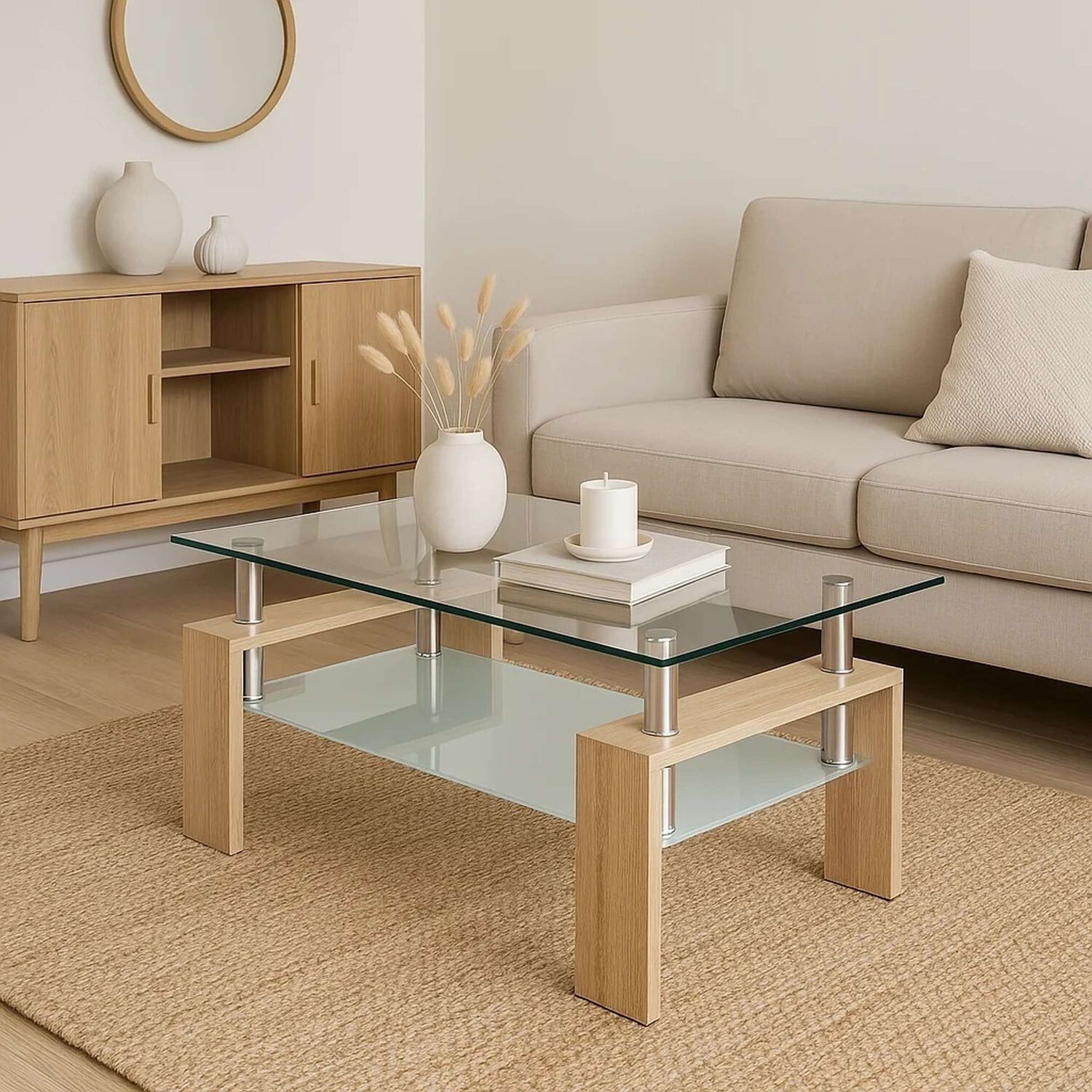 Mesa De Centro Para Living Rectangular De Vidrio Y Madera image number 2.0