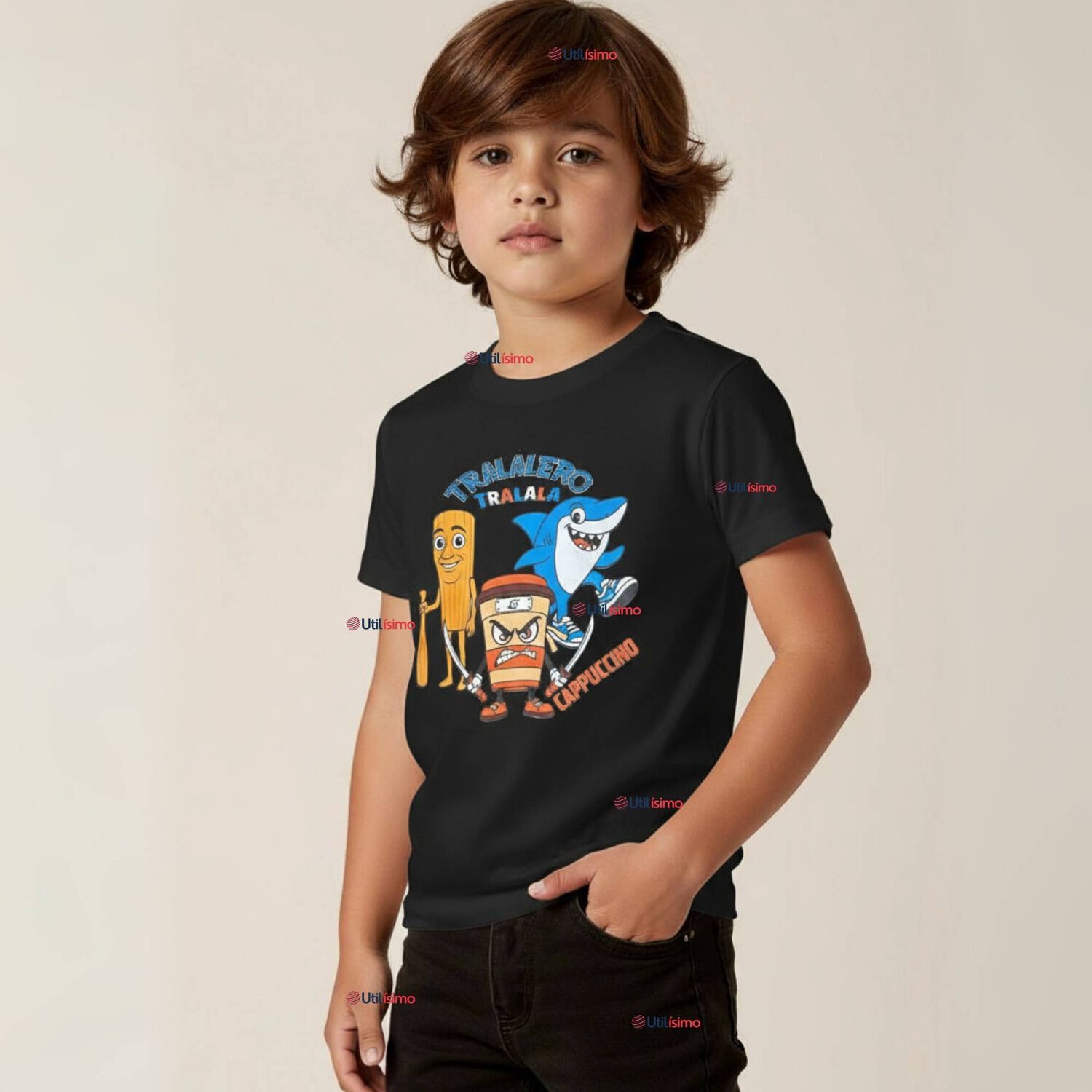 Polera Brainrots 100% Algod&oacute;n Manga Corta Ni&ntilde;o Tralalero Negro image number 0.0