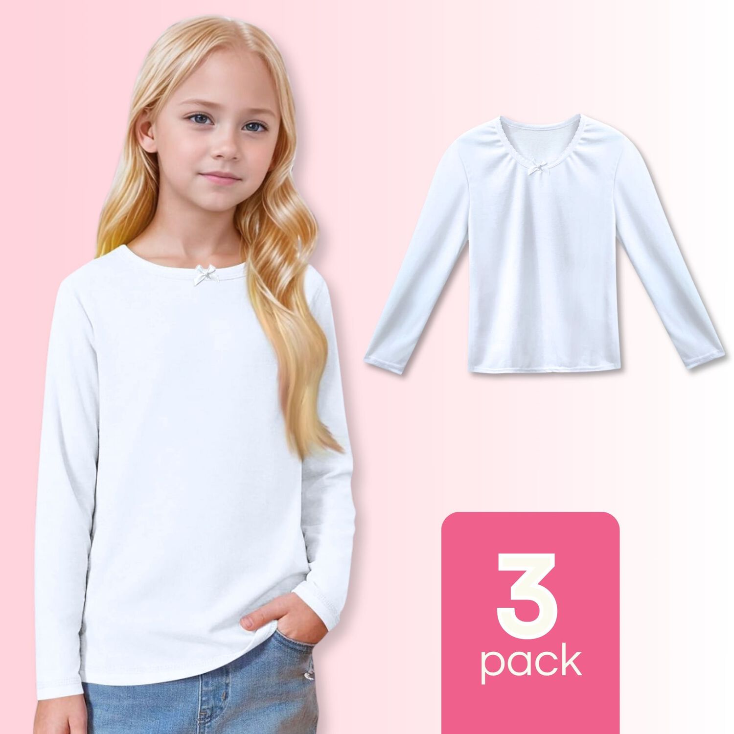 Pack 3 Camisetas Algod&oacute;n Manga Larga Polera Ni&ntilde;a Primera Capa Cuello Redondo Blanca image number 0.0