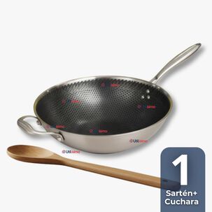 Sartén Wok Acero Inoxidable Antiadherente 34cm +cuchara De Madera Bambú