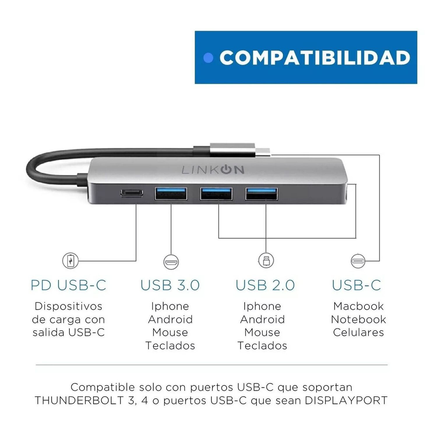 Hub Adaptador Linkon Usb Tipo C 5 En 1 Rj45 Para Mac Y Windows - Gris image number 2.0