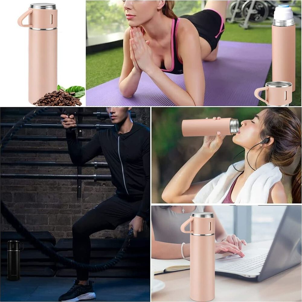 Termo Acero Inoxidable 500ml Beige Claro Y 3 Tazas Aisladas image number 6.0