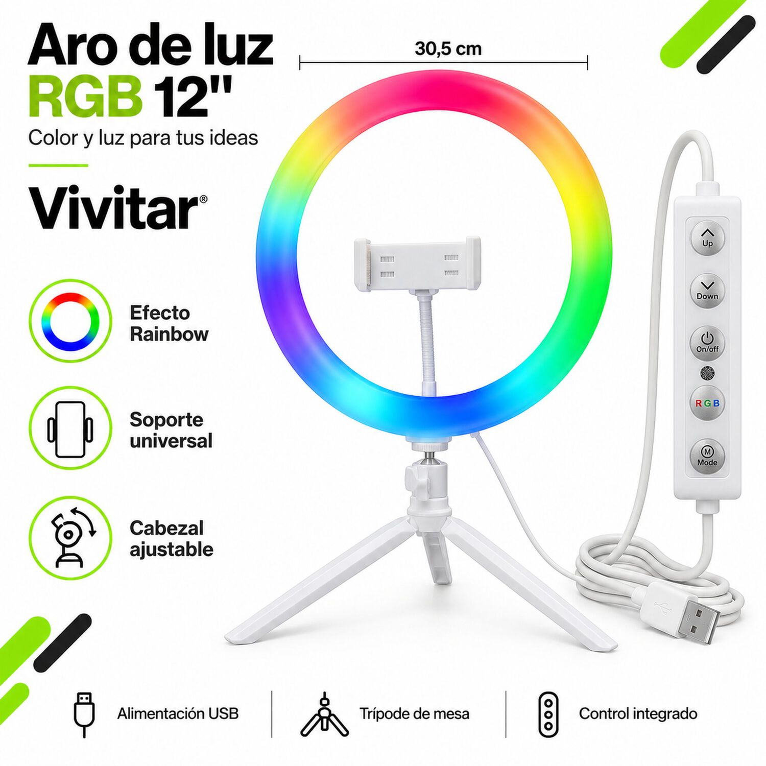 Aro De Luz Multicolor Rgb 12" Con Soporte Para Smartphone image number 7.0