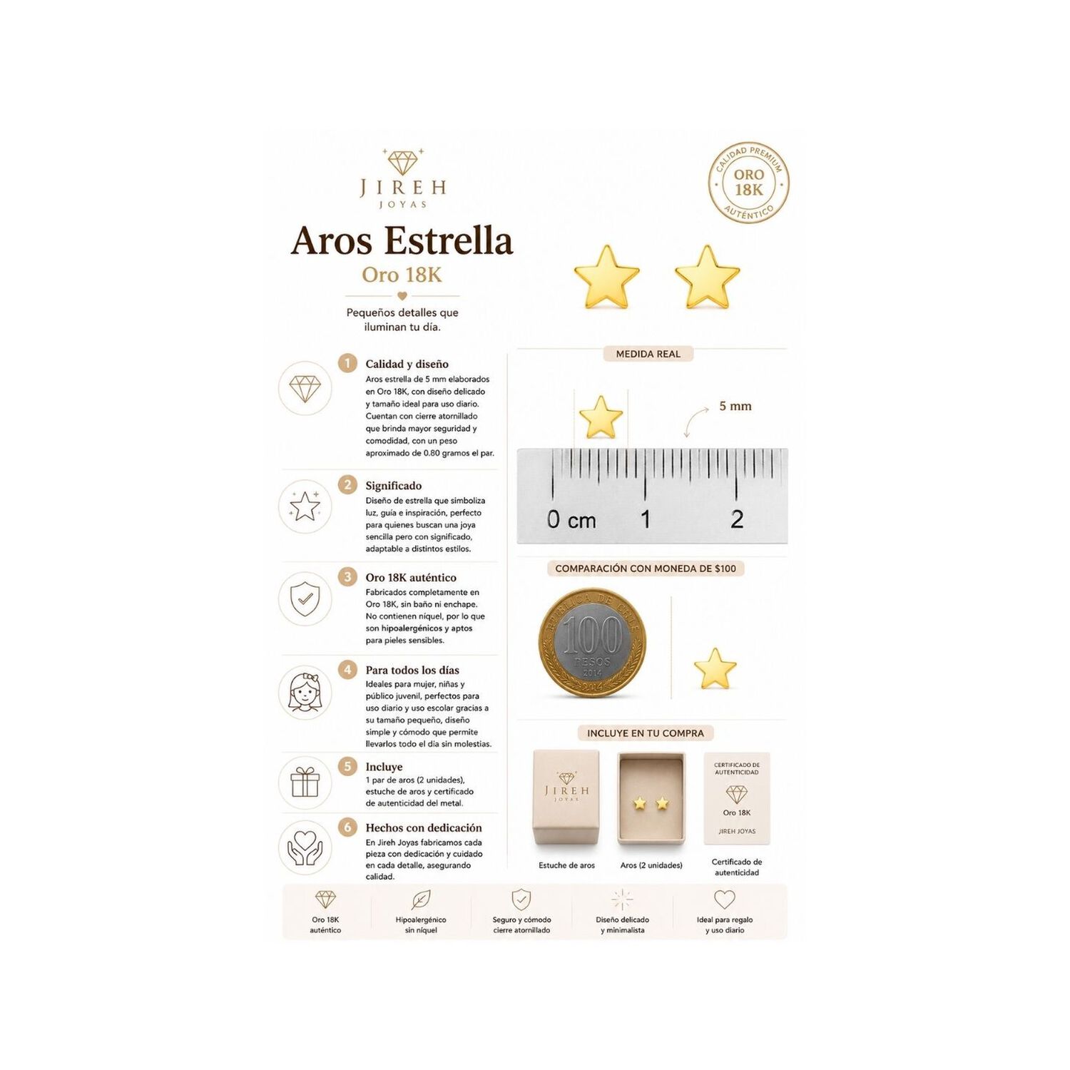 Aros Estrella 5mm Oro 18k 0.80gr. Mujer Ni&ntilde;a Juvenil Dorado image number 4.0