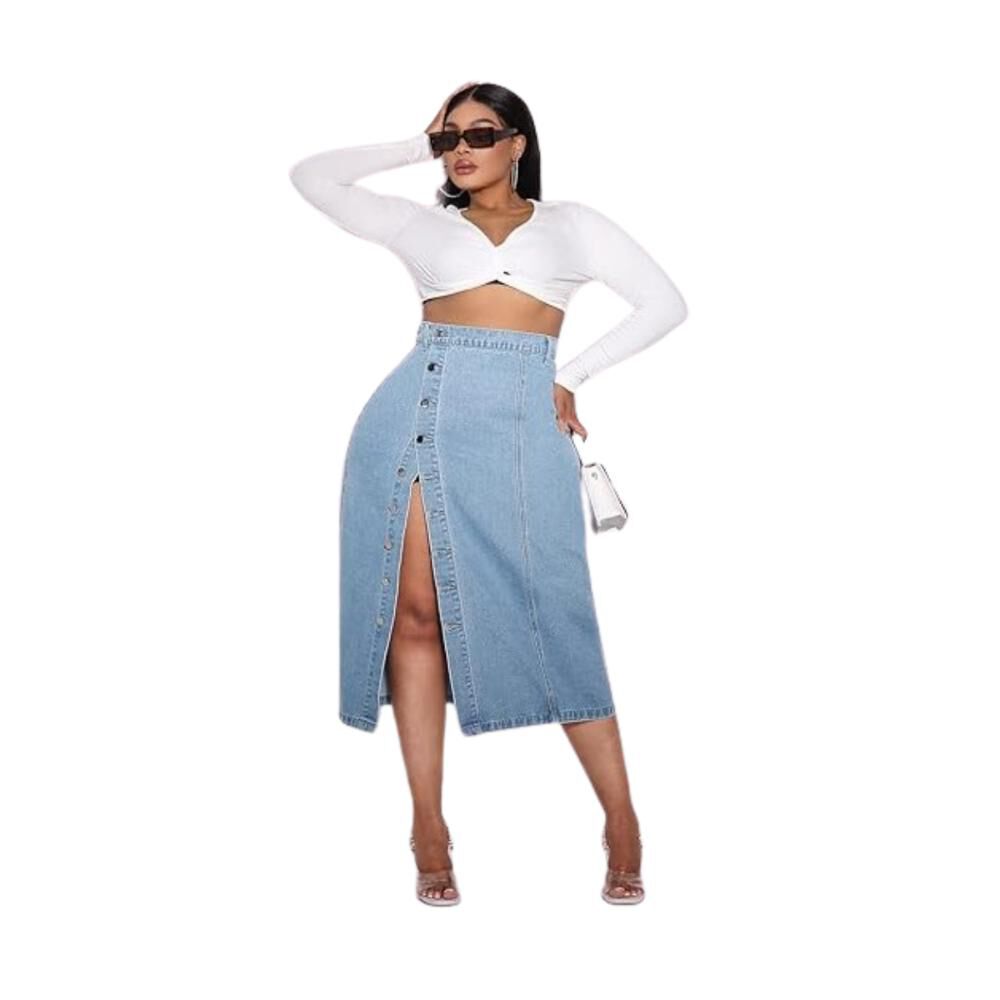 Falda Larga Jeans Mezclilla Botones Delantero Tiro Alto image number 2.0