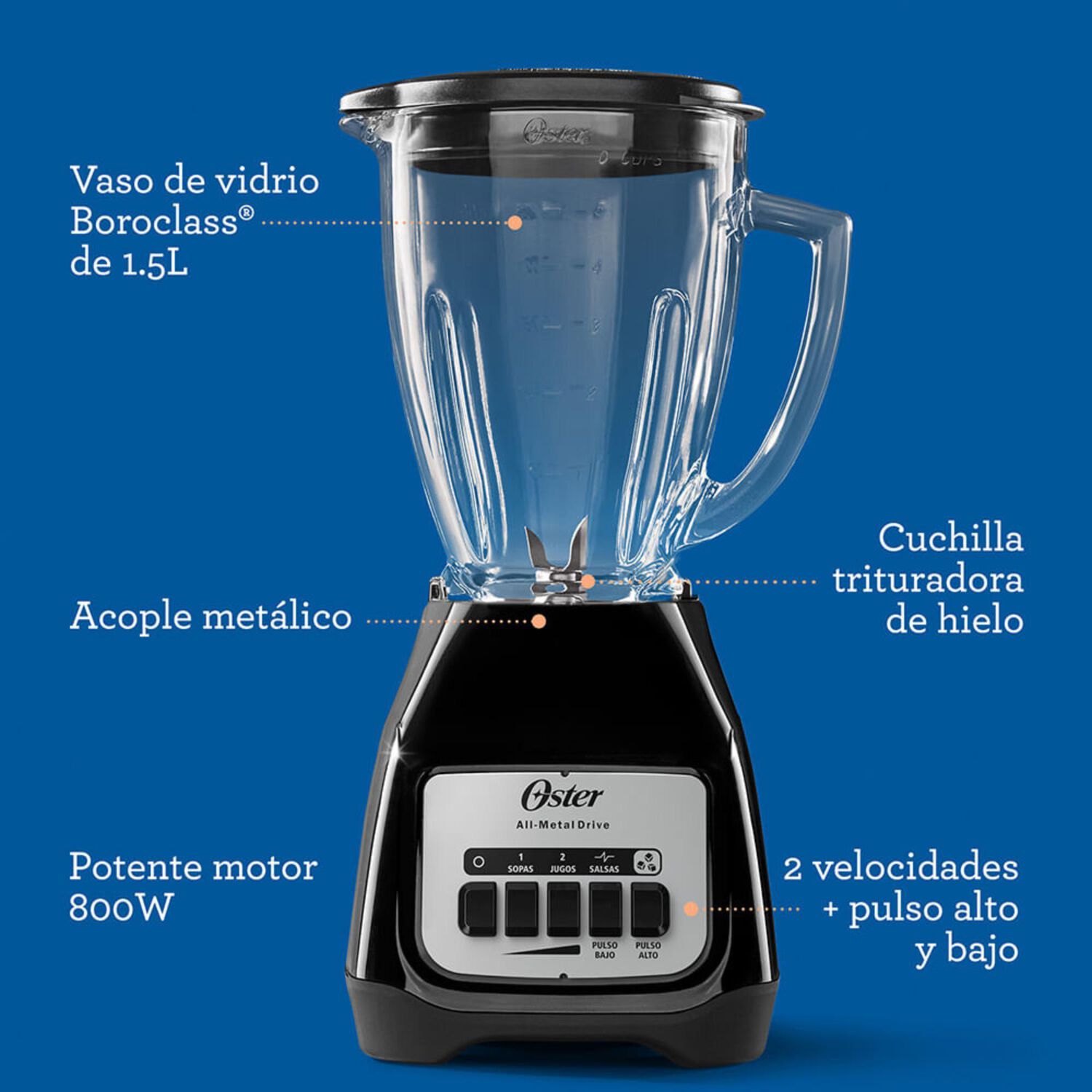 Licuadora Oster 2 Velocidades M&aacute;s Pulso Y Vaso De Vidrio Blstkagbpb image number 7.0