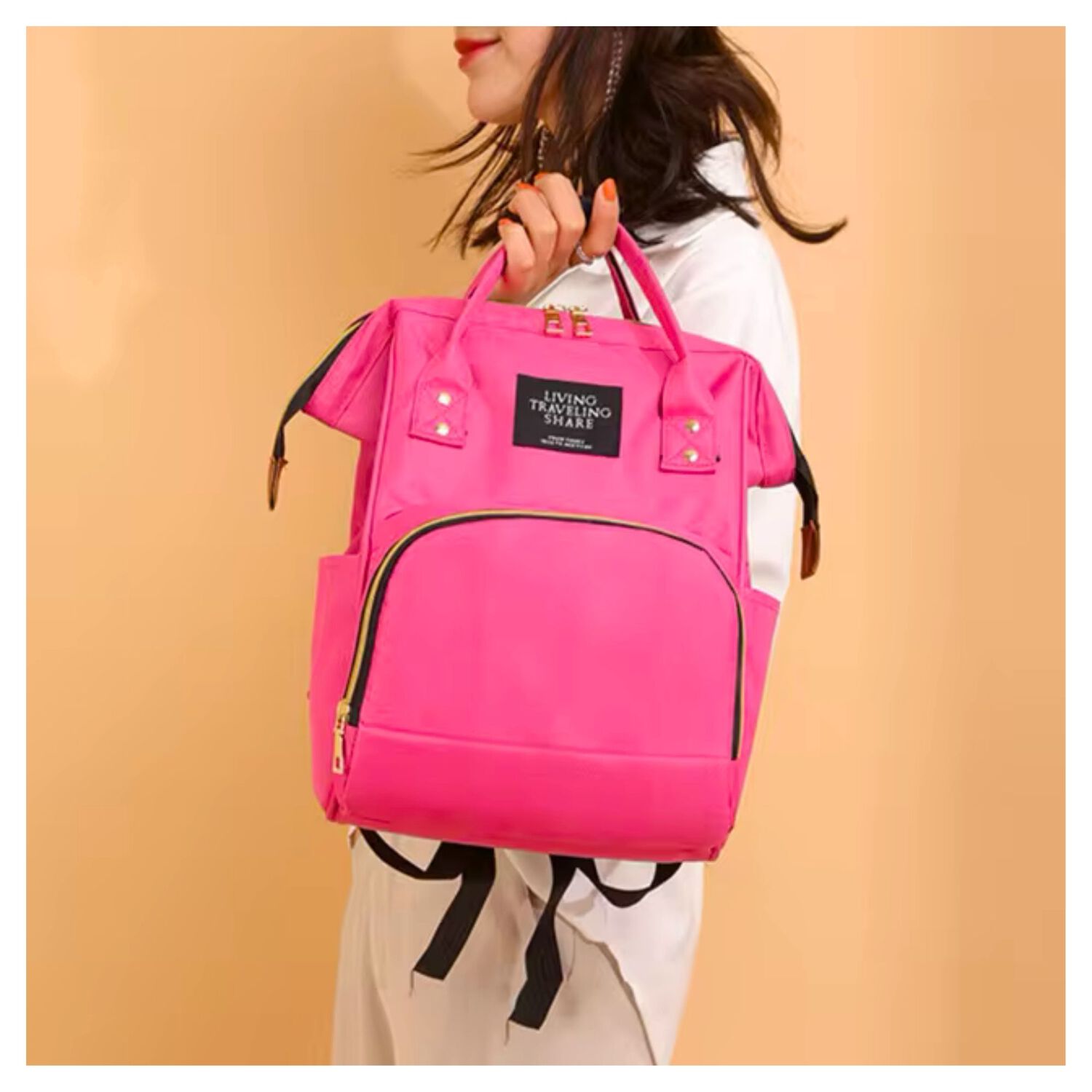 Mochila Maternal Bolso Pa&ntilde;alera Nylon Beb&eacute; Dise&ntilde;o Unicolor T&eacute;rmica E Impermeable Fuchsia image number 1.0