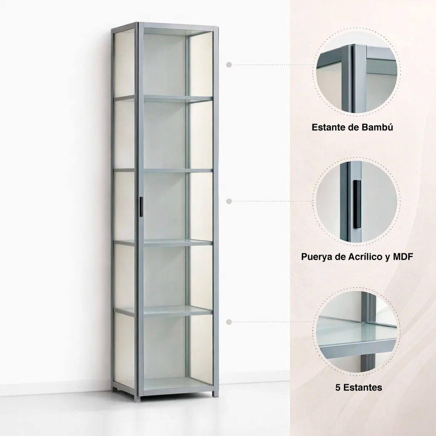 Vitrina Bambooline Estrecha Con Puertas Acr&iacute;licas 5 Niveles 42x33x161 image number 4.0
