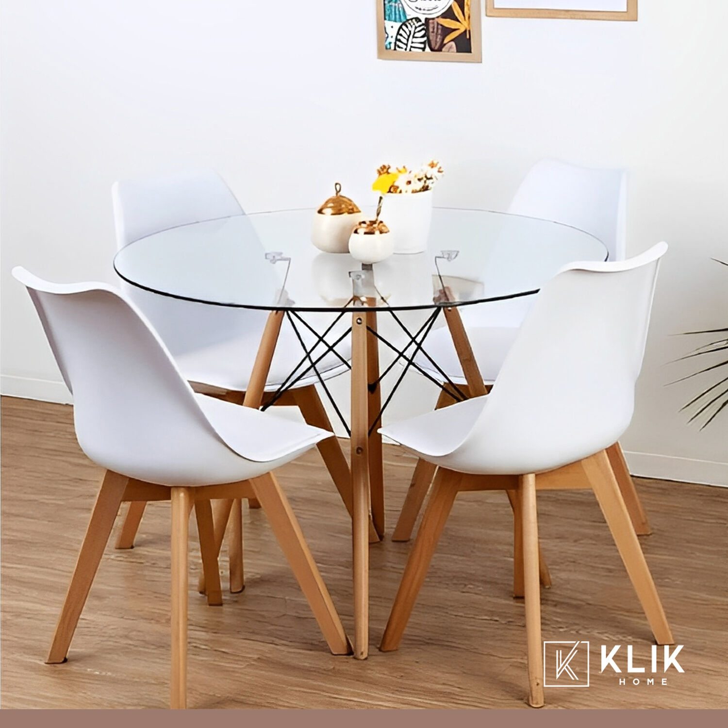 Comedor Mesa Eames Vidrio 100 Cm + 4 Sillas Tulip Blancas image number 1.0