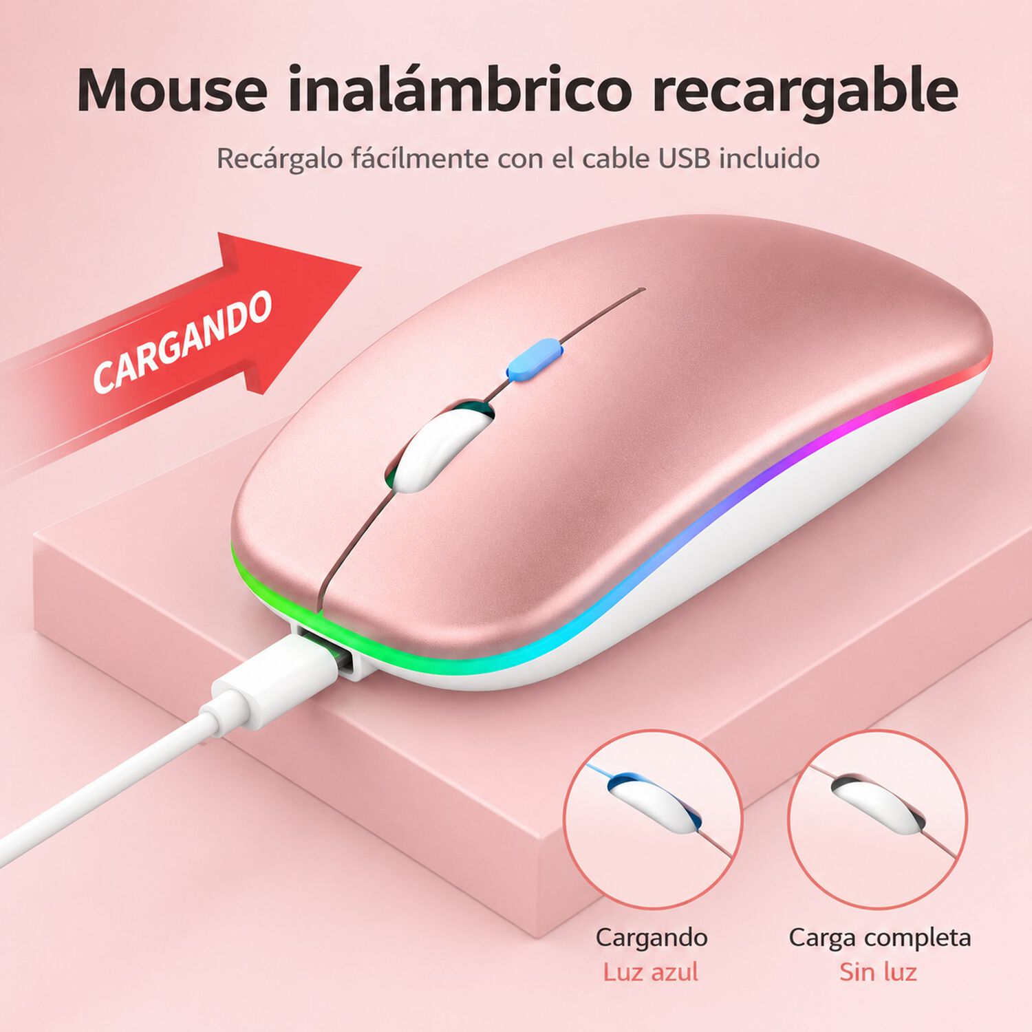 Mouse Dual Inal&aacute;mbrico Rosado Recargable Bluetooth + Usb 2g image number 9.0