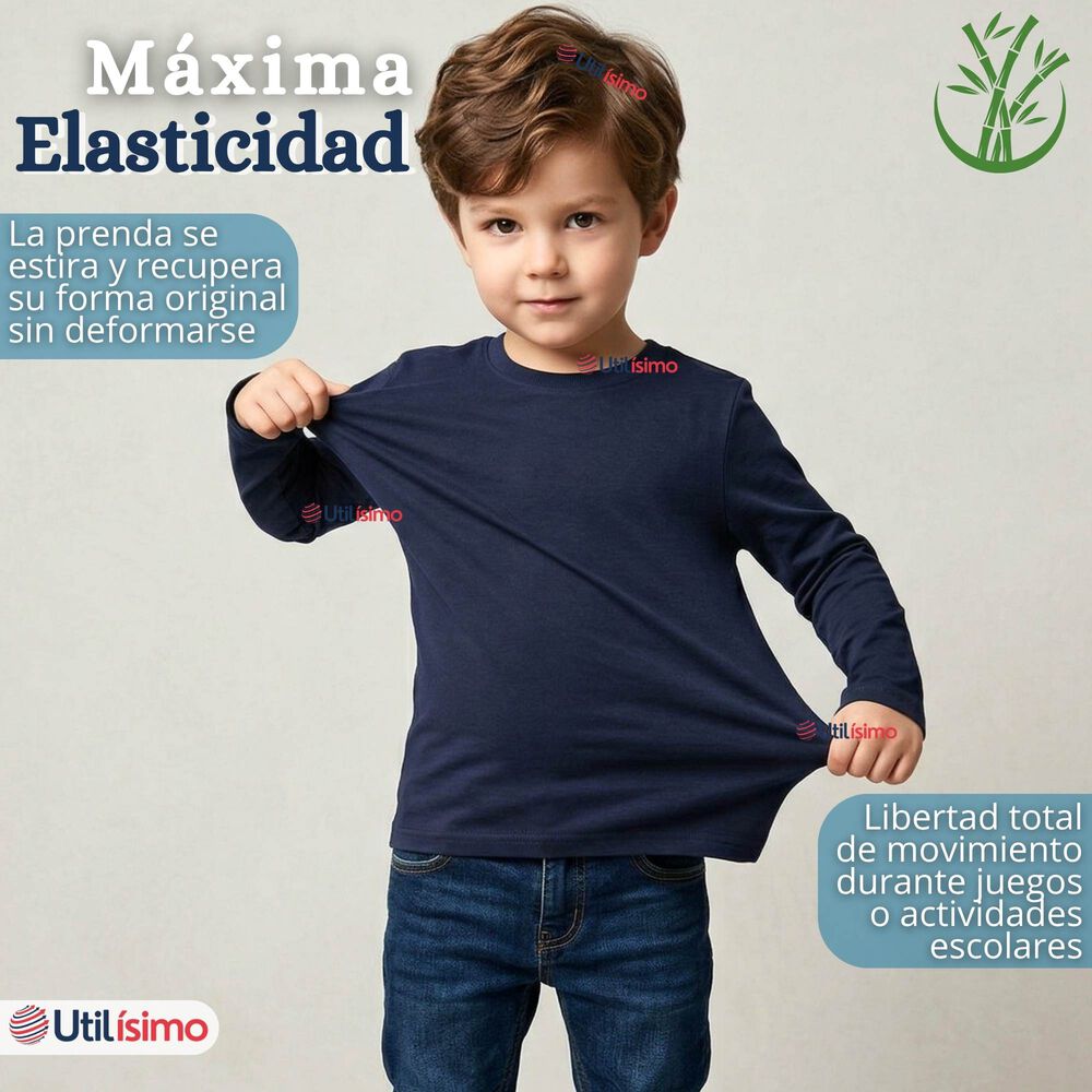 Pack 3 Poleras Camisetas Bamb&uacute; Azul Oscuro Cuello Redondo Primera Capa Manga Larga Ni&ntilde;o image number 4.0