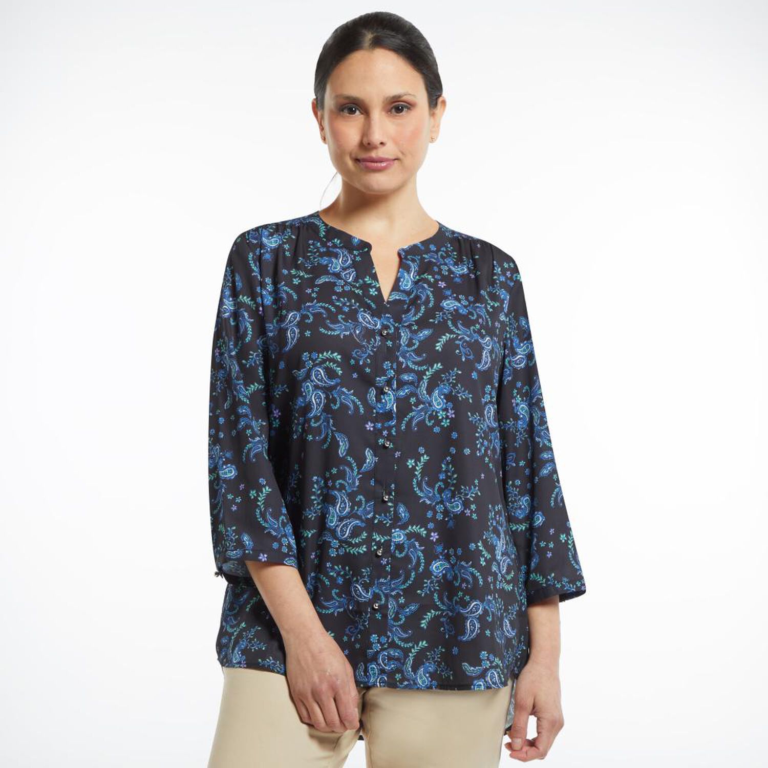 Blusa Print Abotonada Manga 3/4 Cuello Mao Mujer Lesage image number 0.0