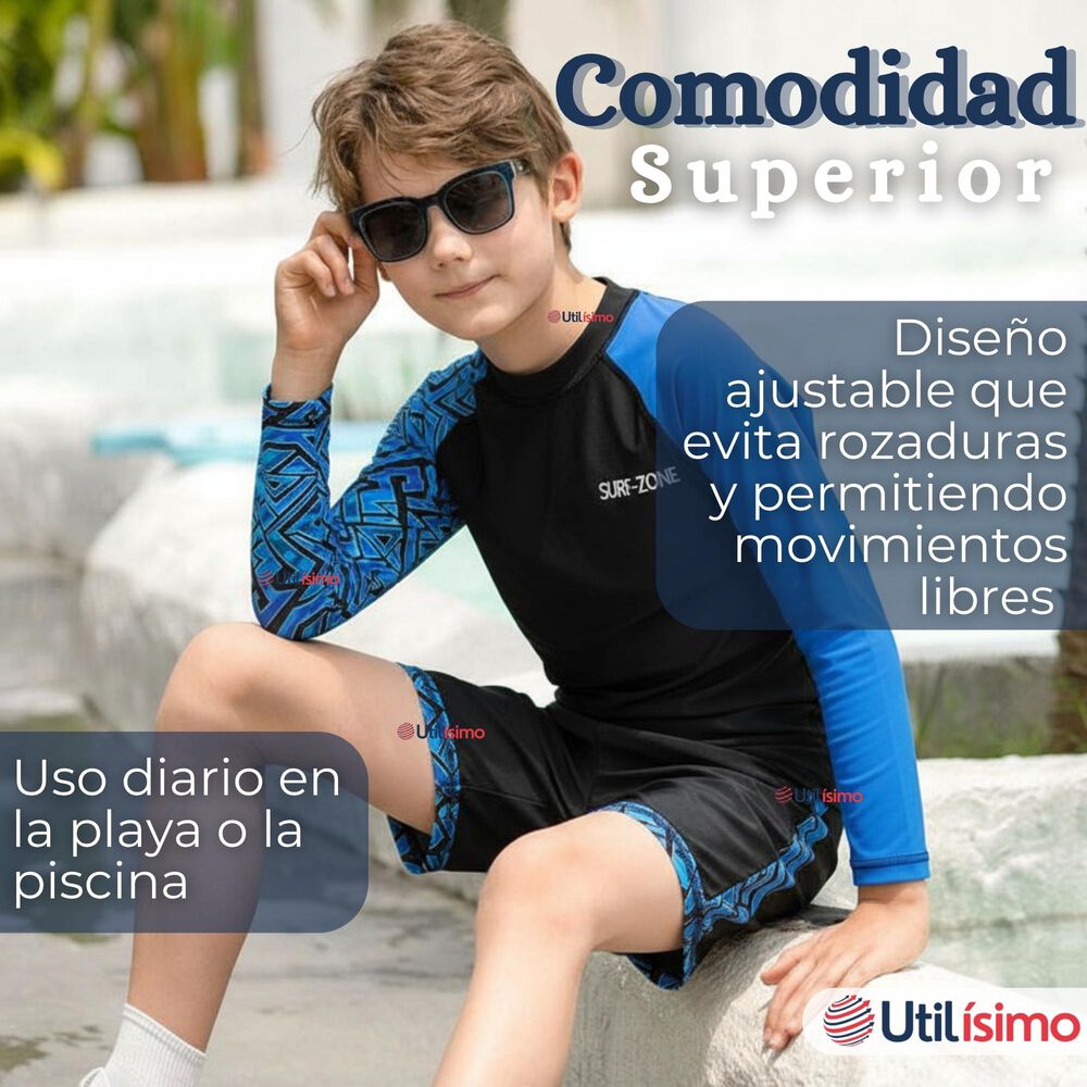 Traje De Ba&ntilde;o Manga Larga Pantal&oacute;n Corto 2 Piezas Corte Split Ni&ntilde;o 3 A 11 A&ntilde;os Black image number 5.0