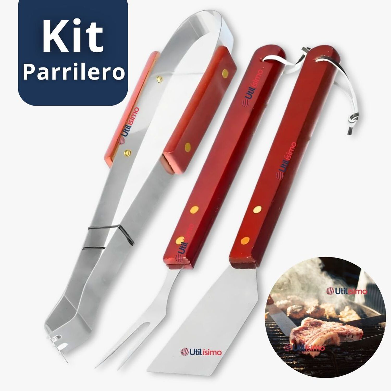 Kit Parrillero 3 Piezas Pinza Esp&aacute;tula Tenedor Para Asados Mango Madera Acero Inoxidable image number 0.0