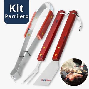 Kit Parrillero 3 Piezas Pinza Esp&aacute;tula Tenedor Para Asados Mango Madera Acero Inoxidable