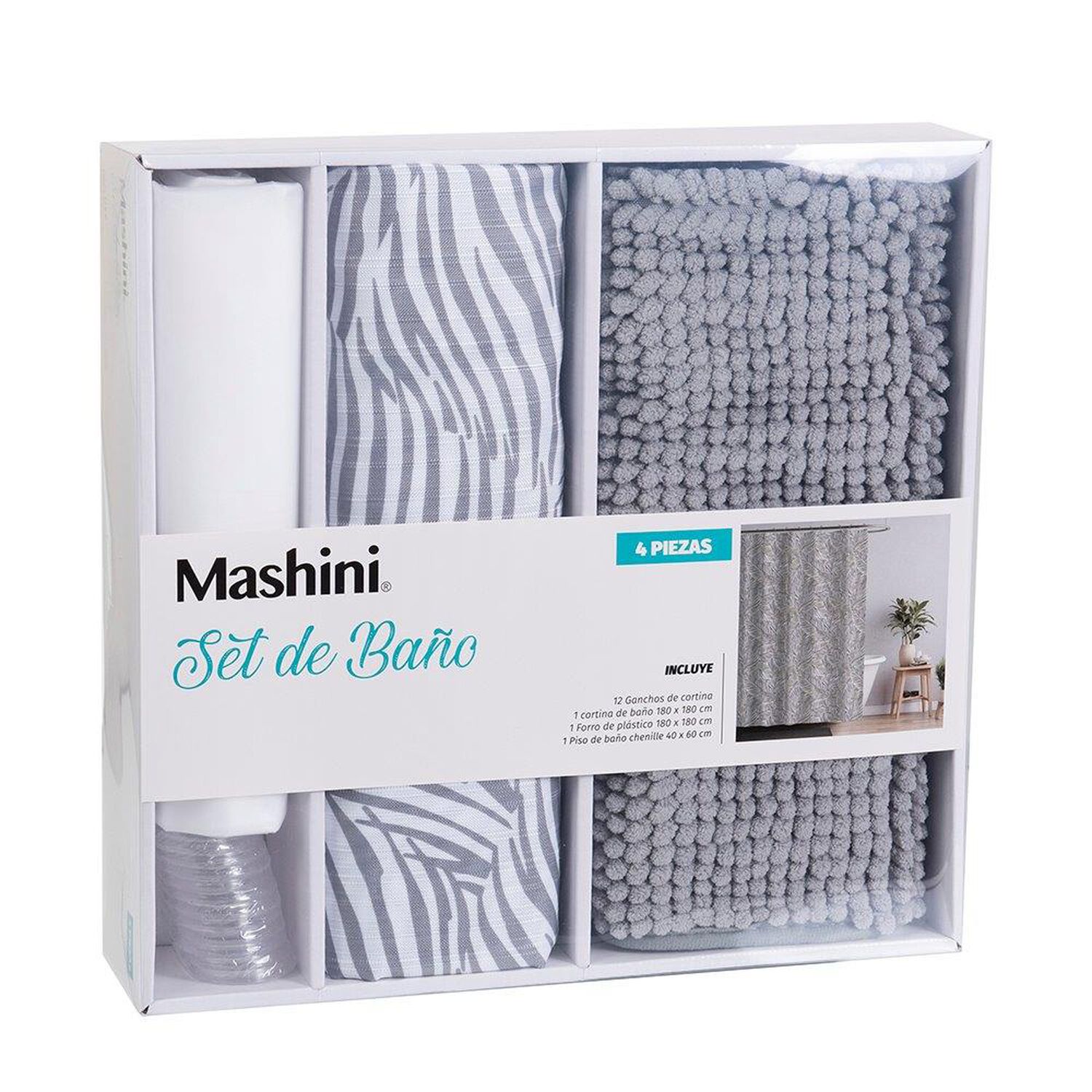 Set Cortina Ba&ntilde;o 4 Pzas Caja Mashini Isiolo image number 2.0