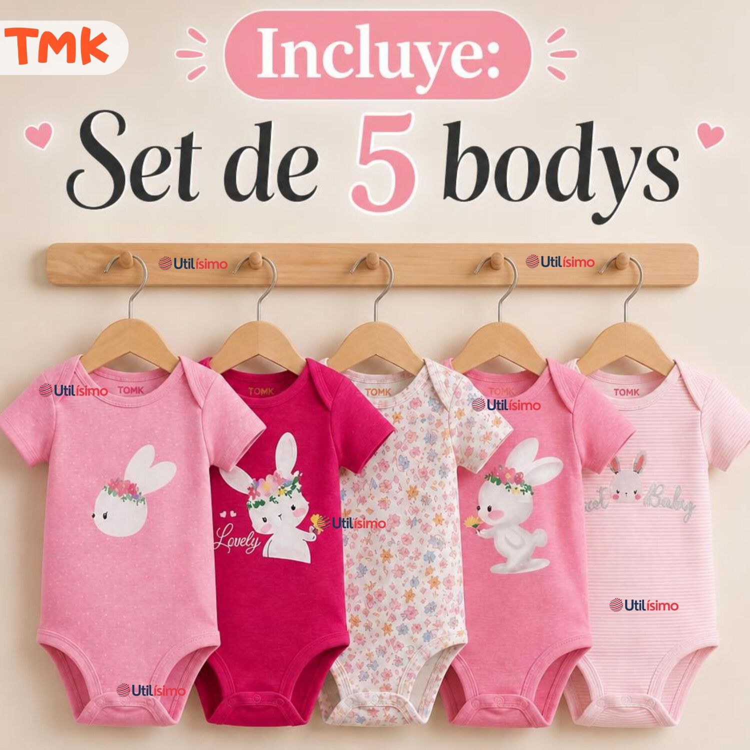 Pack 5 Bodys Manga Corta 100% Algod&oacute;n Tedmimak Ni&ntilde;a Bunny Blossom image number 1.0