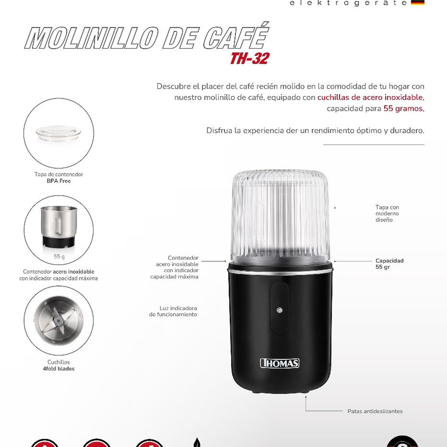 Molinillo De Caf&eacute; El&eacute;ctrico Thomas Th32 180w Moledor Molino De Caf&eacute; Granos Especias Y Frutos Secos Capacidad 55 G Cuchillas 4 Fold Blades Acero Inoxid image number 7.0