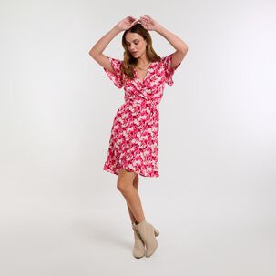 Vestido Full Print Manga Corta Lazo Cruzado En Cintura Mujer Kimera