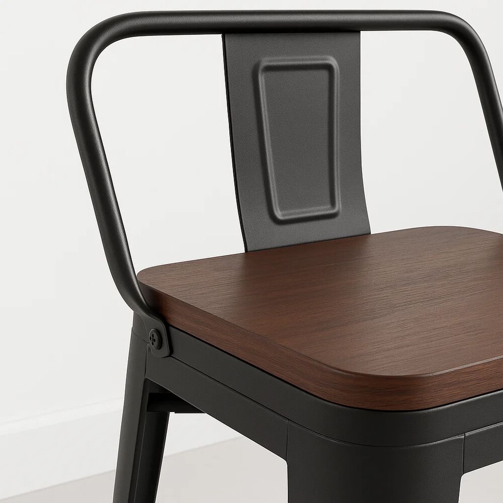 Taburete Tolix Negro Alto Con Respaldo Para Bar O Terraza - Asiento De Madera Oscura Walnut image number 5.0