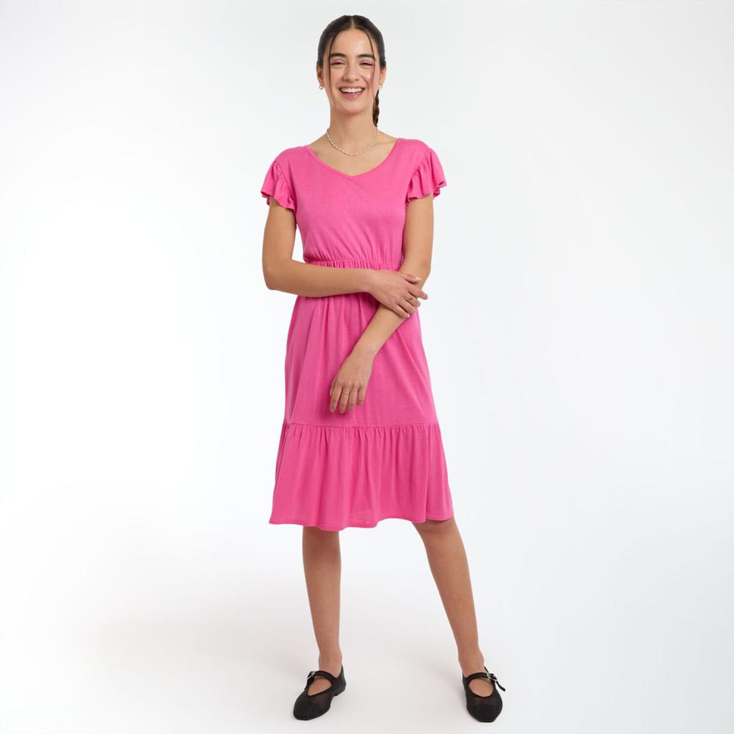 Vestido Manga Corta Con Vuelos Cuello Redondo Mujer Freedom image number 0.0