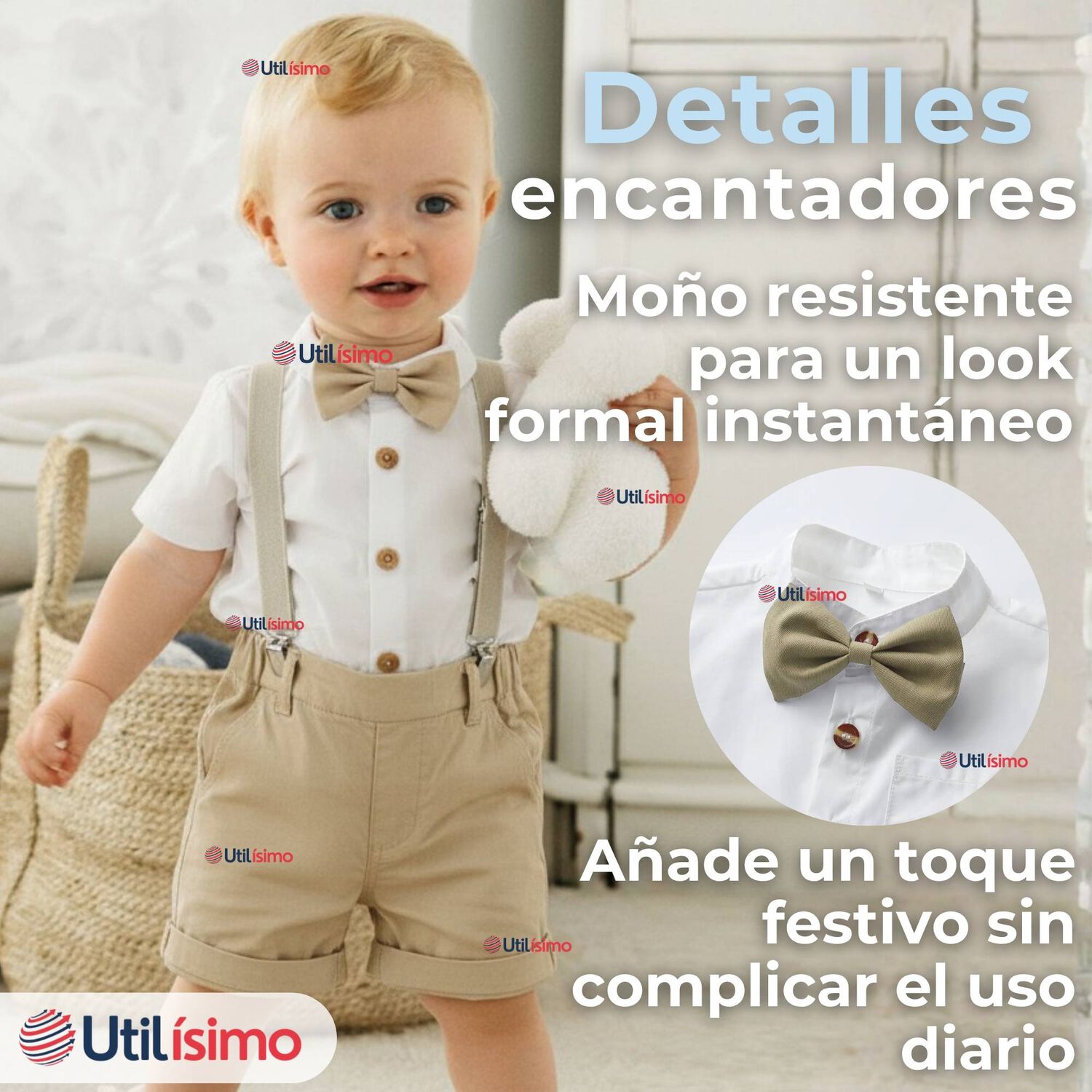 Conjunto De Vestir Con Tirantes Camisa Short Algod&oacute;n Bebes Beige image number 7.0