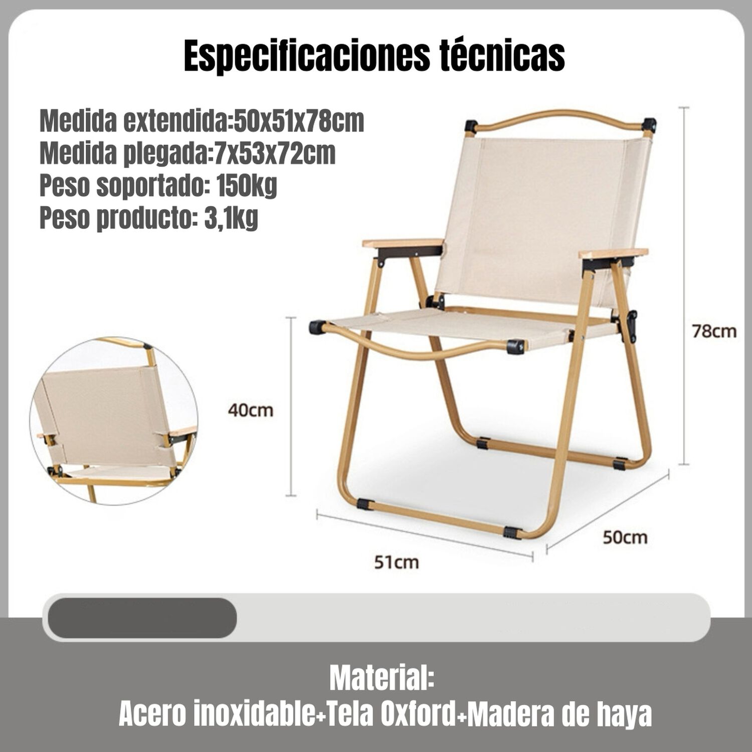Silla Plegable Camping Con Bolsillo Playa Picnic Beige Kemi image number 14.0