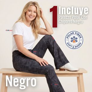 Pantal&oacute;n Polar Con Chiporro Palazzo Mujer Calza Elasticada T&eacute;rmica Negra