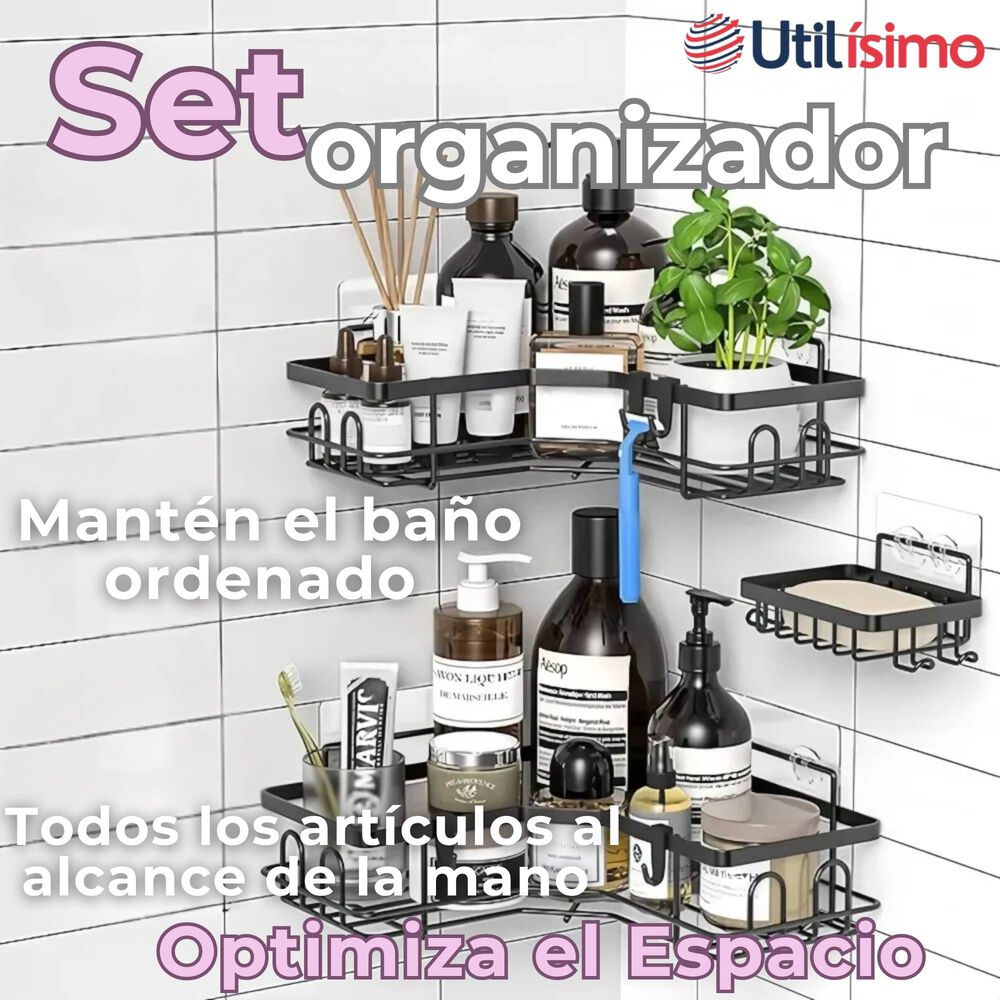 Set Organizador Esquinero Baño 5 Piezas Acero Inoxidable Instalación Adhesiva image number 1.0