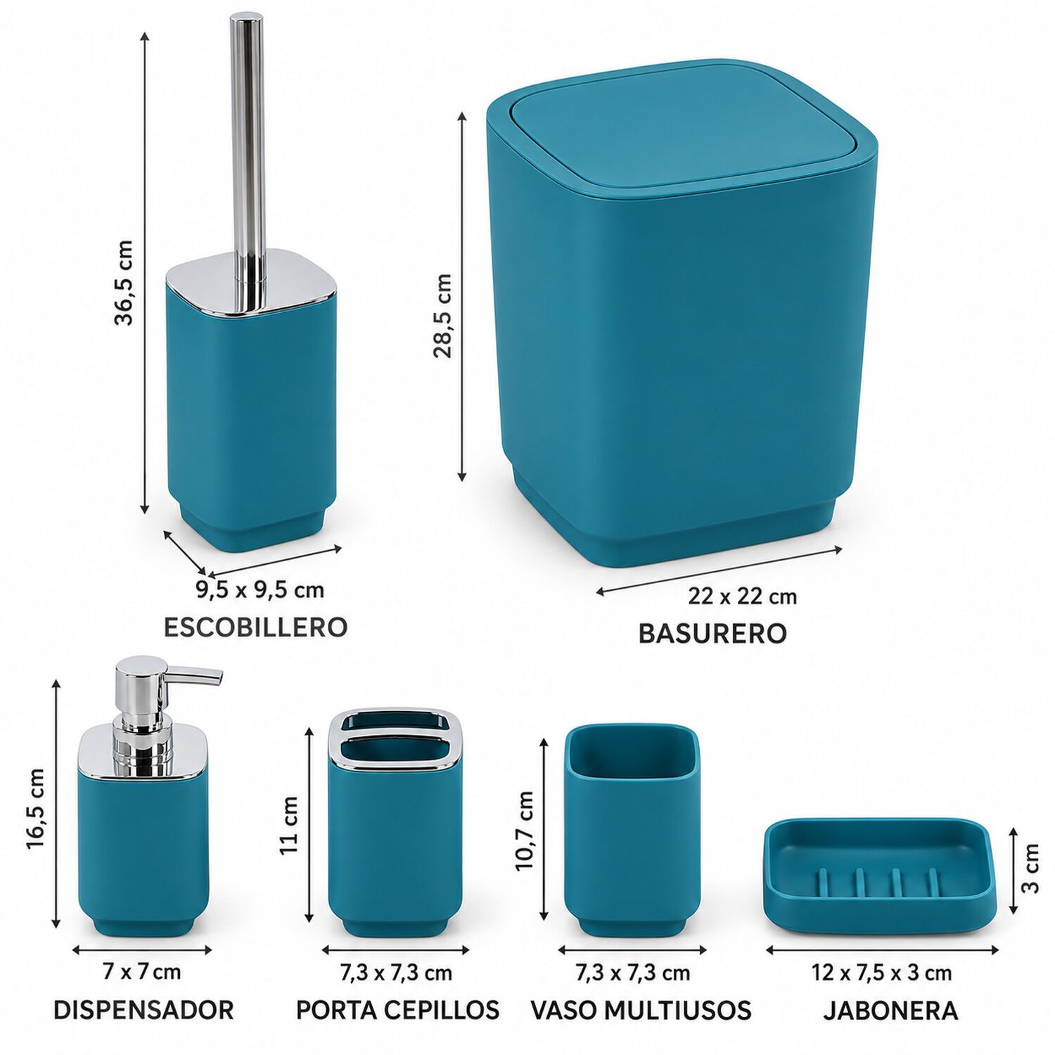 Set De Ba&ntilde;o Completo 6 Piezas De Abs Con Basurero Dispensador Y Escobilla Color Turquesa image number 6.0