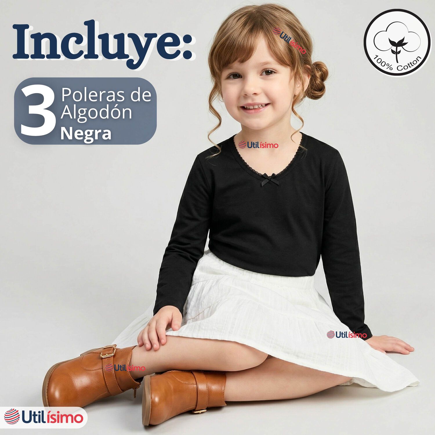 Pack 3 Camisetas Poleras Algod&oacute;n Cuello Redondo Negra Primera Capa Manga Larga Ni&ntilde;a image number 1.0