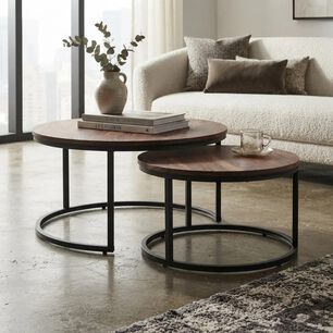 Set 2 Mesas Nido Redondas Madera Metal Living Moderna Caf&eacute;