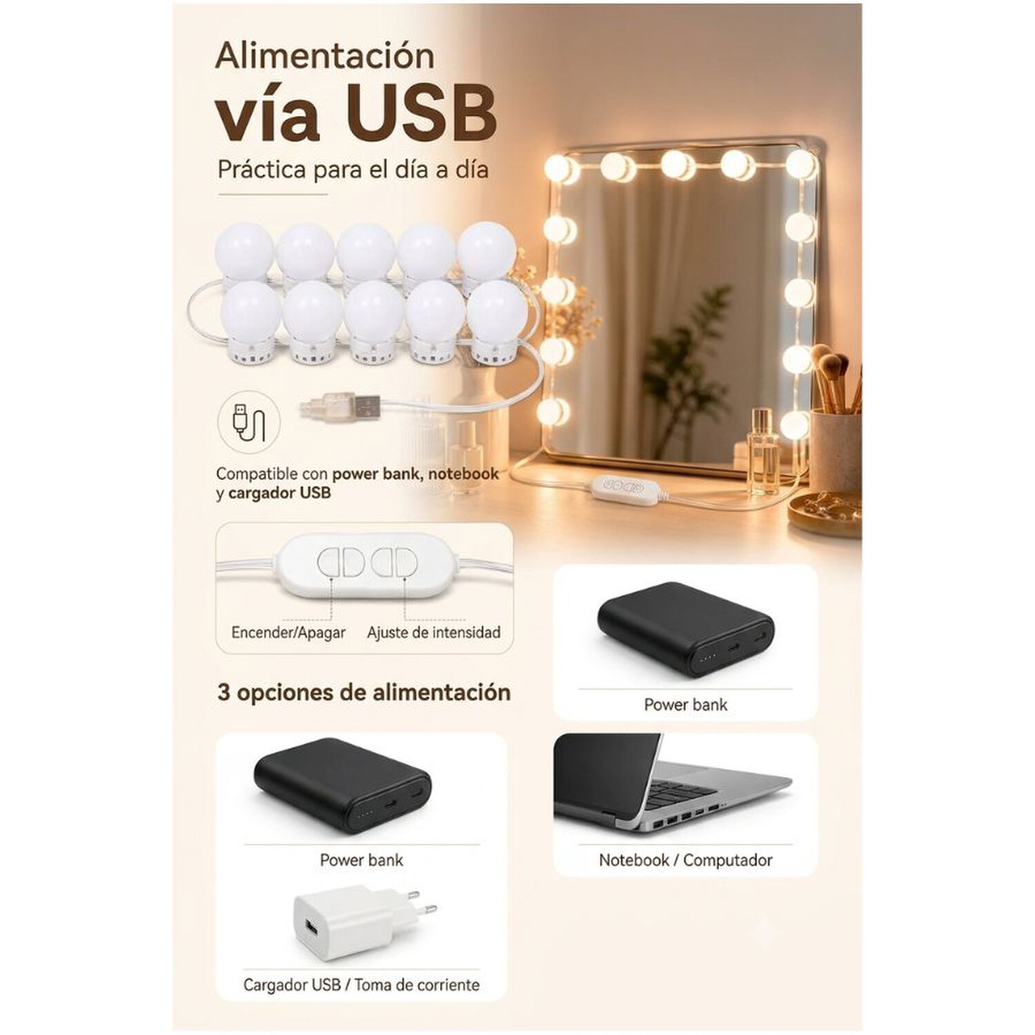 Luces Led Para Espejo Maquillaje Vanity Usb 10 Led image number 3.0