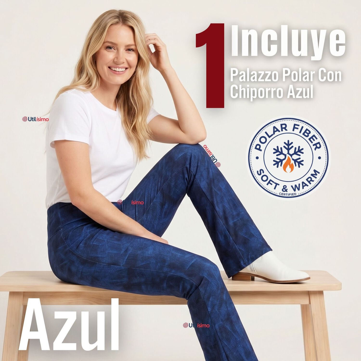 Pantal&oacute;n Polar Con Chiporro Palazzo Mujer Calza Elasticada T&eacute;rmica Azul image number 1.0
