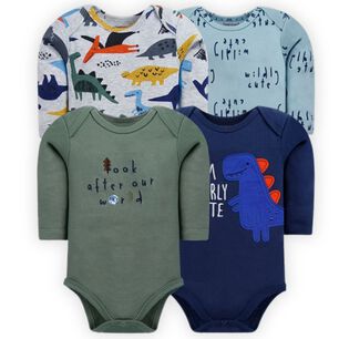 Pack 4 Bodys Beb&eacute; Ni&ntilde;o Manga Larga Tedmimak 100% Algod&oacute;n Blue Dinosaur
