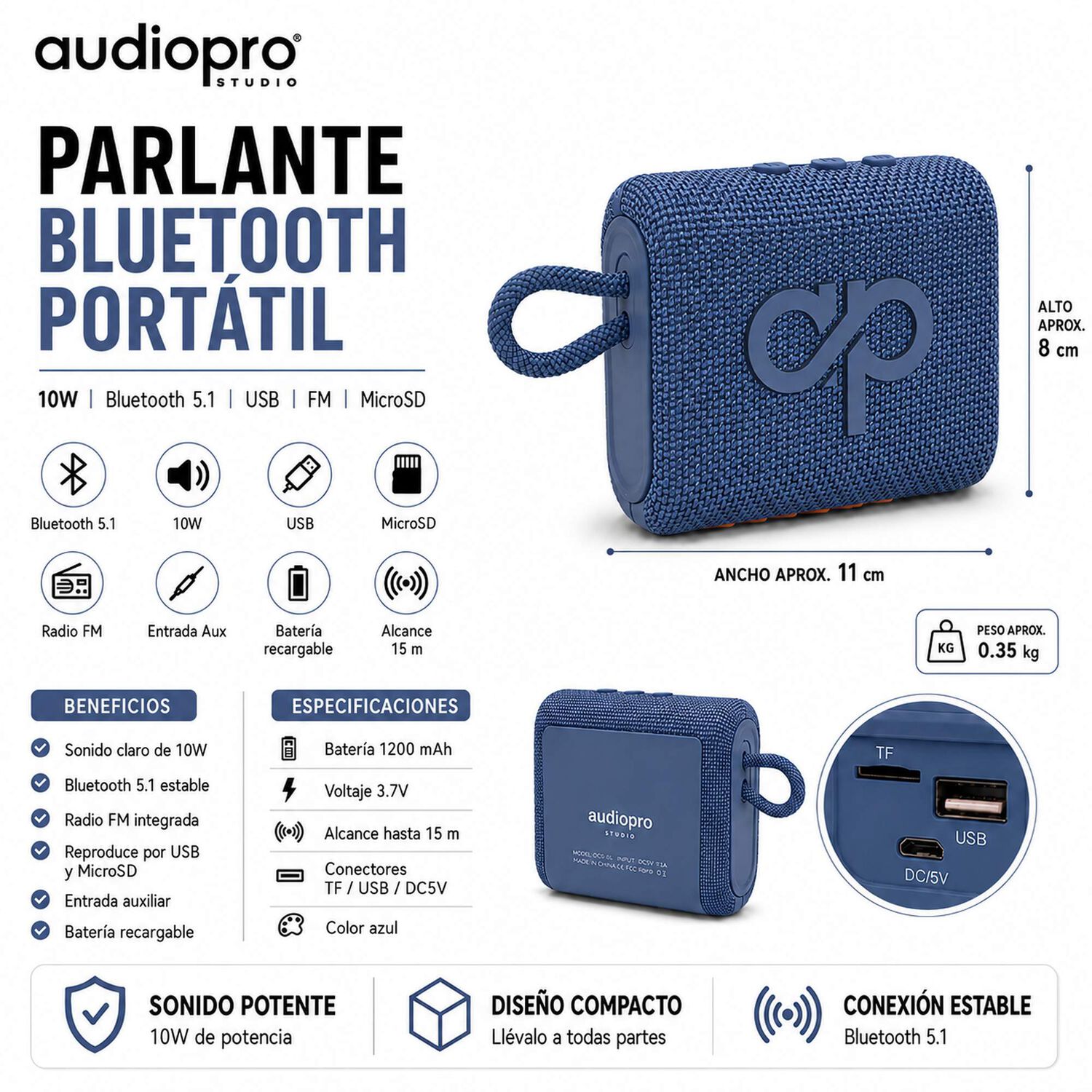 Parlante Port&aacute;til Bluetooth Sound Go 10w Usb-fm-microsd Azul image number 7.0