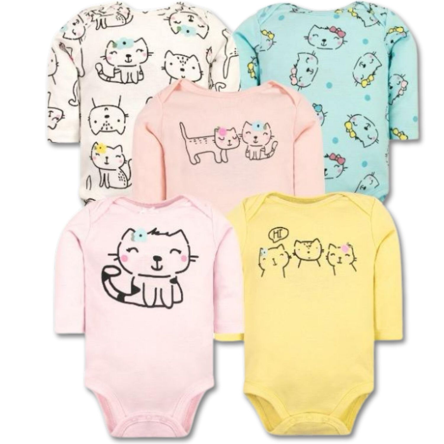 Pack 5 Bodys Ni&ntilde;a Manga Larga Tedmimak 100% Algod&oacute;n Cats Babies image number 0.0