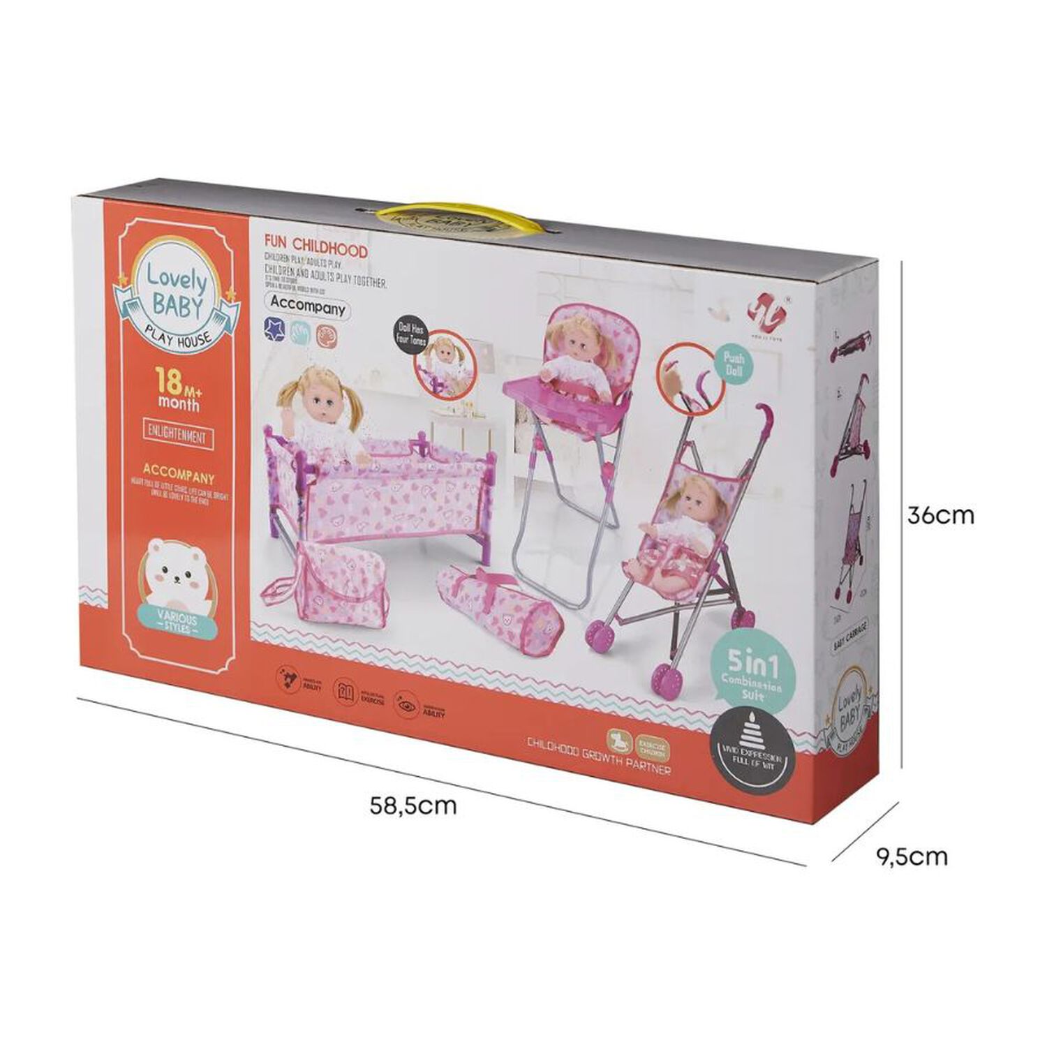 Set Juego Mu&ntilde;ecas 5 En 1 Cuna Coche Silla Comedor Y Bolso image number 2.0