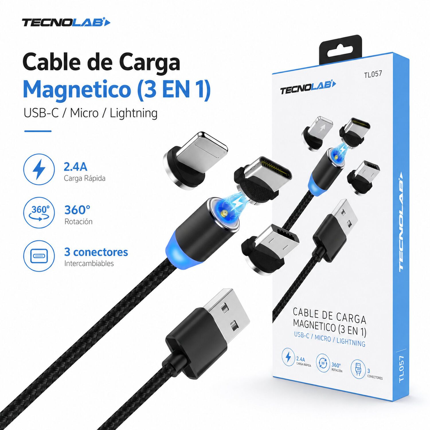 Cable De Carga Magnetico (3 En 1) Usb-c / Micro / Lightning image number 4.0
