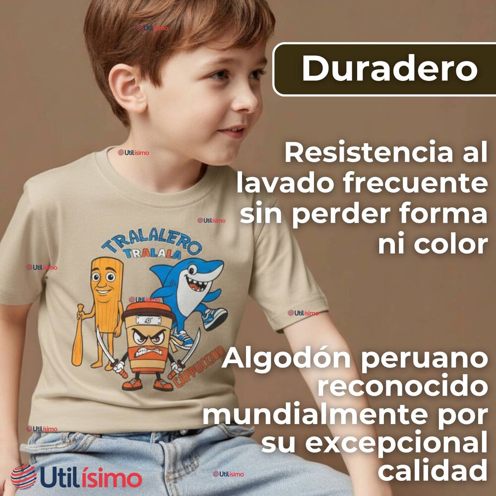 Polera Brainrots 100% Algodón Manga Corta Niño Tralalero Beige image number 6.0