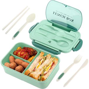 Lonchera Hermética Verde Con Compartimentos Y Cubiertos