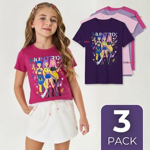 Pack 3 Poleras Huntrix 100% Algodón Manga Corta Niña Huntr/x Demon Hunters Rumi Mira Zoey