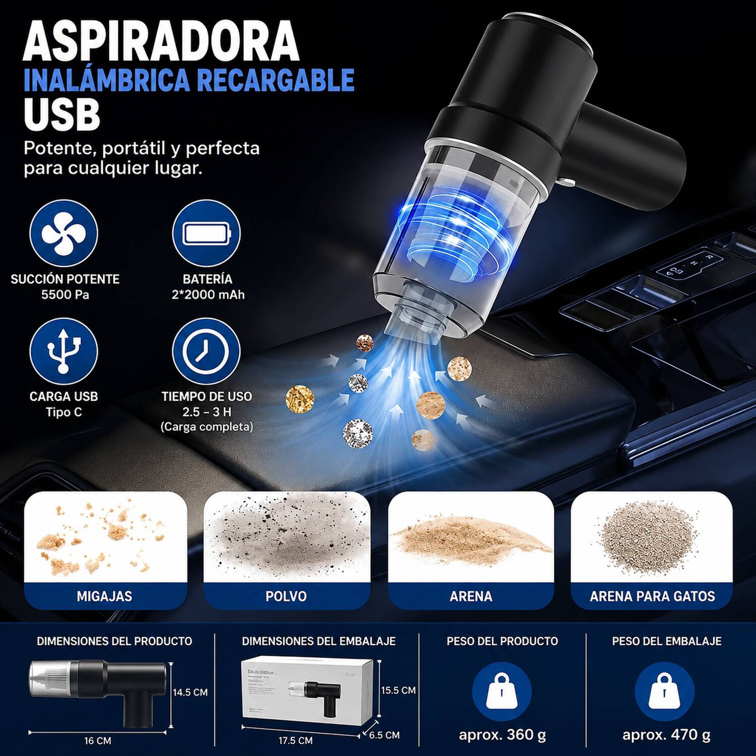 Aspiradora Sopladora 2 En 1 Inal&aacute;mbrica Recargable Usb Portatil image number 1.0